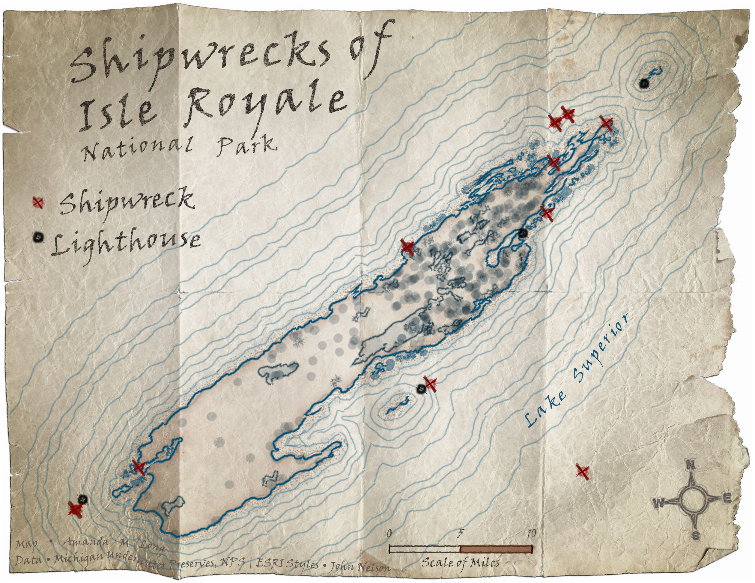 Map of shipwrecks
                                    and lighthouses near Isle Royale National Park, Michigan in Lake Superior.